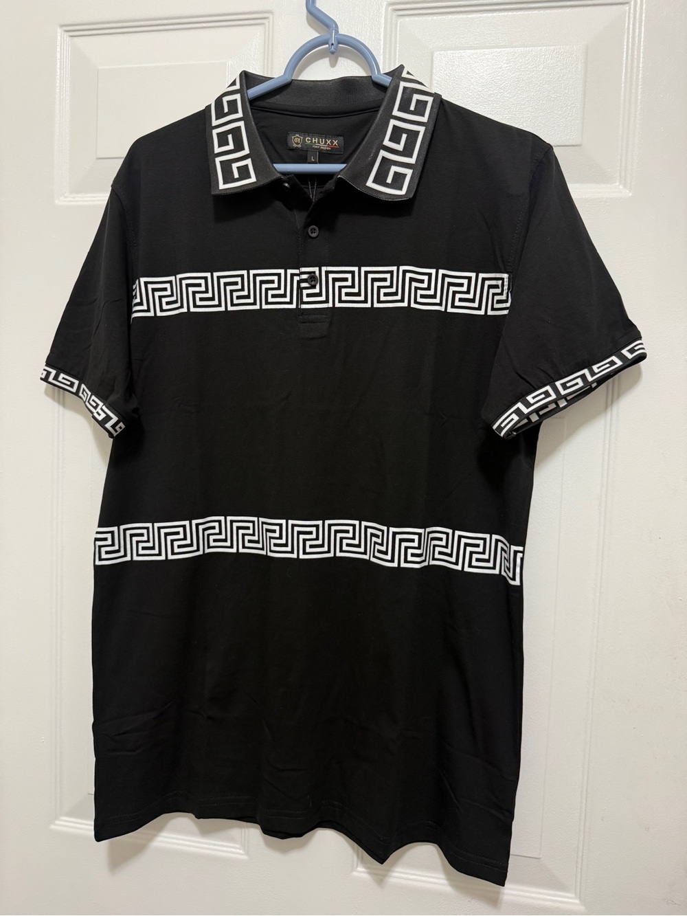 CHUXX Black Short-Sleeve Polo with White Geometric Trim luxury looking